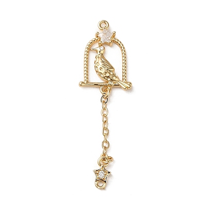 Brass Micro Pave Clear Cubic Zirconia Connector Charms, Birdcage with Bird Links