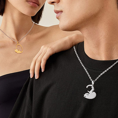 Two Tone Heart Puzzle Matching Necklaces Set, Cat Yin Yang Pendant Necklaces, Love Magnetic 316L Surgical Stainless Steel Necklaces for Women Men Lovers Gift