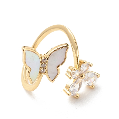 Clear Cubic Zirconia Butterfly Open Cuff Ring with Shell, Brass Jewelry for Women, Cadmium Free & Lead Free