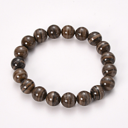 Natural Black Wood Lace Stone Beaded Stretch Bracelets, Round