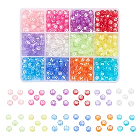 600pcs 12 couleurs perles acryliques transparentes, trou horizontal, mélange de lettres, plat rond