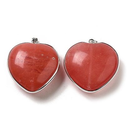 Cherry Quartz Glass Pendants, Platinum Plated Brass Heart Charms with Iron Snap on Bails