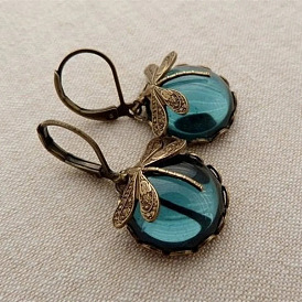 Vintage Dragonfly Pattern Earrings with Moonstone - Retro, Women's Jewelry.