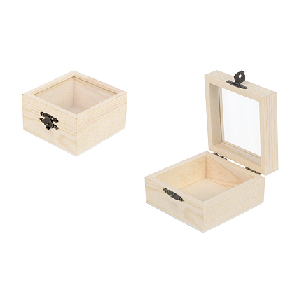 Wooden Storage Boxes, with Clear Glass Flip Cover & Iron Clasp, Square