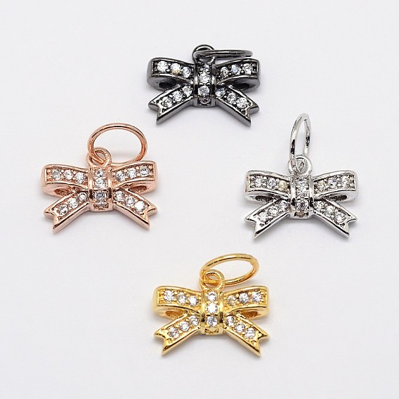 CZ Brass Micro Pave Cubic Zirconia Bowknot Bow Charms, 9x13x3mm, Jump Ring: 6x0.8mm
