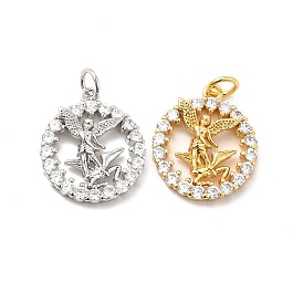 Rack Plating Brass Micro Pave Cubic Zirconia Pendants, Flat Round with Fairy Charm, Long-Lasting Plated, with Jump Rings, Cadmium Free & Lead Free