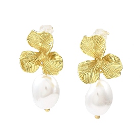Flower Brass Stud Earrings, with Plastic Pearl Beads, Long-Lasting Plated, Lead Free & Cadmium Free