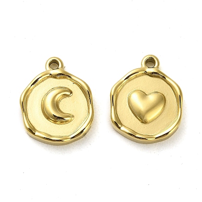 304 Stainless Steel Pendant, Real 14K Gold Plated, Flat Round with Moon & Heart Charm