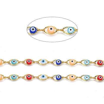 304 Stainless Steel Link Chains, with Evil Eye Acrylic Bead, Soldered, with Spool, Real 18K Gold Plated