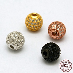 Rondes 925 sterling perles en argent, avec micro ouvrent la zircone cubique