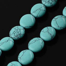 Chapelets de perles turquoises synthétiques, plat rond