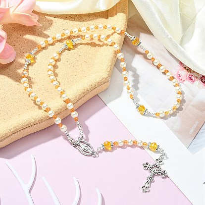 Glass Pearl Rosary Bead Necklace, Alloy Cross & Virgin Mary Pendant Necklace