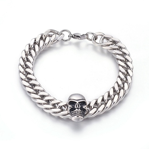 304 Stainless Steel Curb Chain/Twisted Chain Bracelets, with Lobster Claw Clasps, Skull