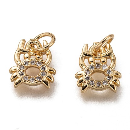 Brass Micro Pave Clear Cubic Zirconia Charms, Cadmium Free & Lead Free, Long-Lasting Plated, Crab Shape