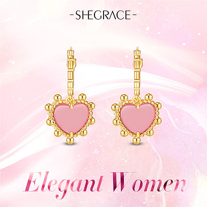 SHEGRACE Brass Hoop Earrings, with Natural Agate, Heart, Real 18K Gold Plated