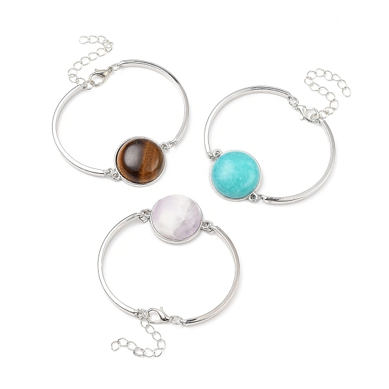 Alloy Charm Bracelets, with Flat Round Natural & Synthetic Gemstone Cabochons, Platinum
