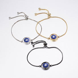 Adjustable Brass Micro Pave Cubic Zirconia Slider Bracelets, Bolo Bracelets, with Enamel, and Brass Box Chains, Eye, Blue