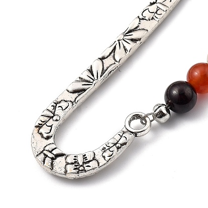 Tibetan Style Carved Alloy Bookmark, Daily Supplies, with Natural/Synthetic Mixed Stone Pendants, Brass Crimp Beads Covers and Natural Gemstone Beads, Flat Round with Tree of Life