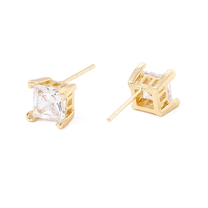 Clear Cubic Zirconia Square Stud Earrings, Brass Jewelry for Women, Lead Free & Cadmium Free