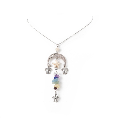 Phase de lune de pierres précieuses mélangées naturelles et synthétiques avec collier pendentif tortue étoile de mer, 304 bijoux en acier inoxydable pour femmes