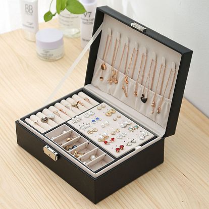 Caja organizadora de joyas de cuero de imitación pu con cerradura, joyero doble apilable para pendientes, anillo, y collar, Rectángulo