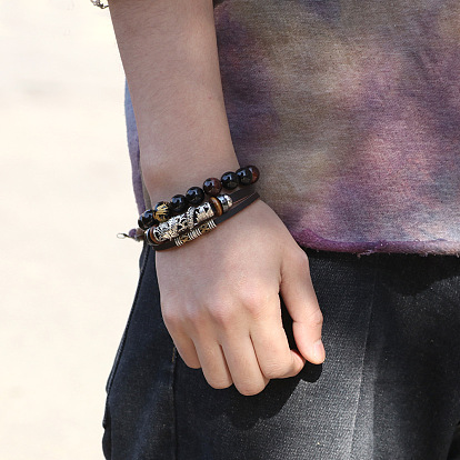 Leather Multi-strand Bracelets, with Synthetic Hematite, Alloy Findings and Stainless Steel Clasps, Dragon