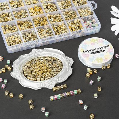 DIY Jewelry Making Kits, Including 1150Pcs Cube Metallic Plated Acrylic Letter A~Z Beads, 50Pcs Cube with Letter Plated Acrylic Beads and Elastic Crystal Thread