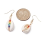 Natural Shell & Glass Dangle Earrings, Golden Brass Wire Wrap Earrings for Women