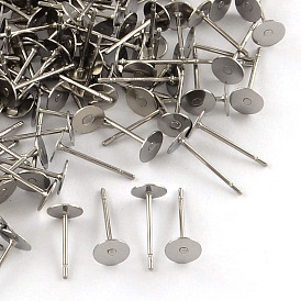 316 Surgical Stainless Steel Flat Round Blank Peg Stud Earring Settings, Tray: 5mm, 12x5mm, Pin: 0.8mm