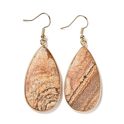 Gemstone Dangle Earrings, Drop, with Brass Findings, Golden