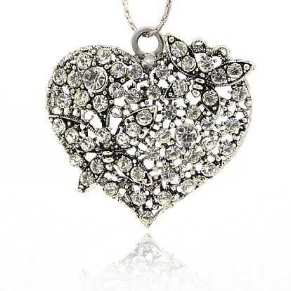 Jour de valentines idées cadeaux uniques en alliage pendentifs coeur en strass, avec le papillon, argent antique, 48x49x3mm, Trou: 5mm