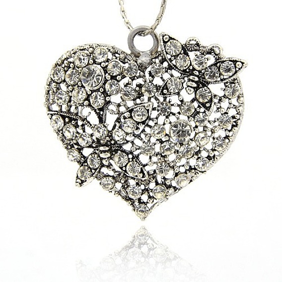 Jour de valentines idées cadeaux uniques en alliage pendentifs coeur en strass, avec le papillon, argent antique, 48x49x3mm, Trou: 5mm