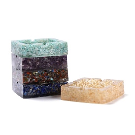 Resin with Natural Gemstone Chip Stones Ashtray, Home OFFice Tabletop Decoration, Square