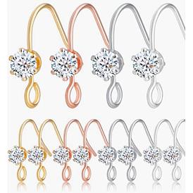 24Pcs 4 Color Brass Earring Hooks, with Clear Cubic Zirconia & Horizontal Loops