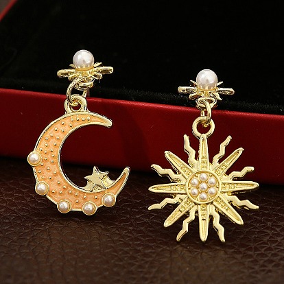 Enamel Moon & Sun Asymmetrical Earrings with Plastic Pearl Beaded, Golden Alloy Dangle Stud Earrings for Women