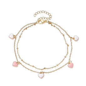 Alloy Enamel Heart Charm Anklet, Ion Plating(IP) 304 Stainless Steel Satellite Chains Double Layer Anklet