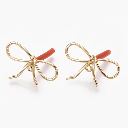 Brass Stud Earring Findings, with Loop, Raw(Unplated) Silver Pins and Plastic Protector, Real 18K Gold Plated, Bowknot