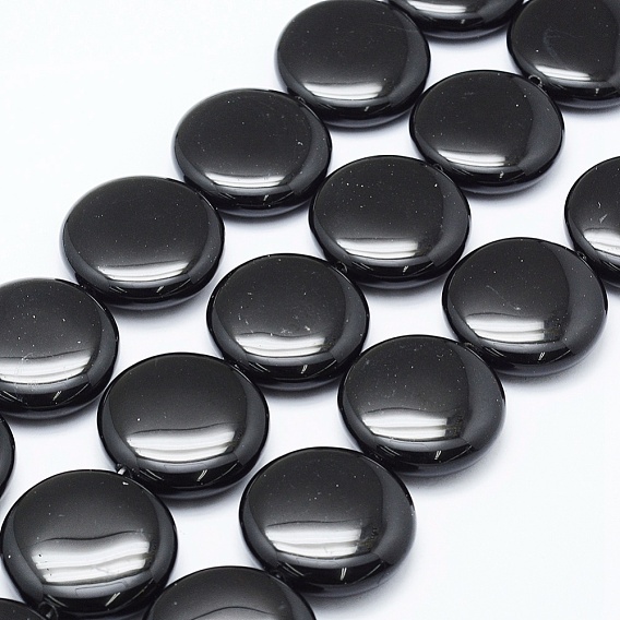 Natural Black Onyx Beads Strands, Dyed, Flat Round