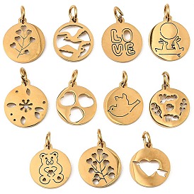 304 Stainless Steel Charms, with Jump Ring, Laser Cut, Flat Round Charm