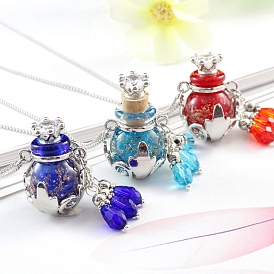 Glitter Glass Crown Perfume Bottle Pendant Necklace with Alloy Cable Chains, Essential Oil Vial Necklace with Bead Tassel Charm for Women