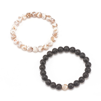 2 pcs 2 ensemble de bracelets de perles de style dzi mala, ensemble de bracelets extensibles en pierre de lave naturelle et agate pour femme