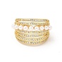 Clear Cubic Zirconia Multi Line Open Cuff Ring with Plastic Pearl Beaded, Brass Jewelry for Women, Cadmium Free & Lead Free