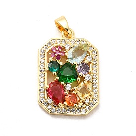 Brass Micro Pave Clear Cubic Zirconia Pendants, with Faceted Glass, Rectangle with Flower Heart Charm, Real 18K Gold Plated