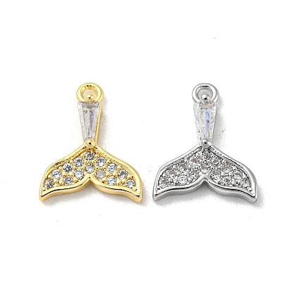 Brass Micro Pave Clear Cubic Zirconia Charms, with Glass, Fishtail Shape