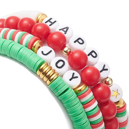 4 pcs 4 ensemble de bracelets extensibles heishi surfeur en argile polymère de style, bracelets preppy mot acrylique pour noël