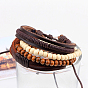 Cordón de cuero trenzado ajustable con cuentas de madera pulseras de varias vueltas, pulseras apilables, 4 hebras / set, 60 mm, 180~200 mm