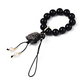 Natural Silver Obsidian & Obsidian & Natural Pearl & Brass for Mobile Phone Straps, Nylon Cord Mobile Accessories Decoration