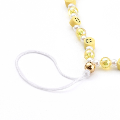Polymer Clay Smile Face Beaded Mobile Straps, with Acrylic Beads and Plastic Imitation Pearl Beads