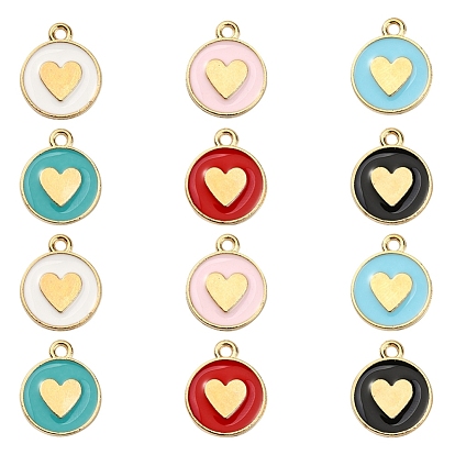 12Pcs 6 Colors Alloy Enamel Pendants, Light Gold, Flat Round with Heart