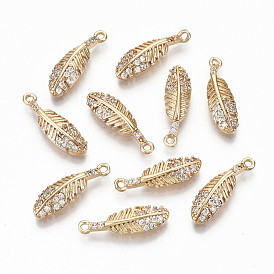 Brass Micro Pave Cubic Zirconia Pendants, Light Gold, Long-Lasting Plated, Cadmium Free & Lead Free, Feather